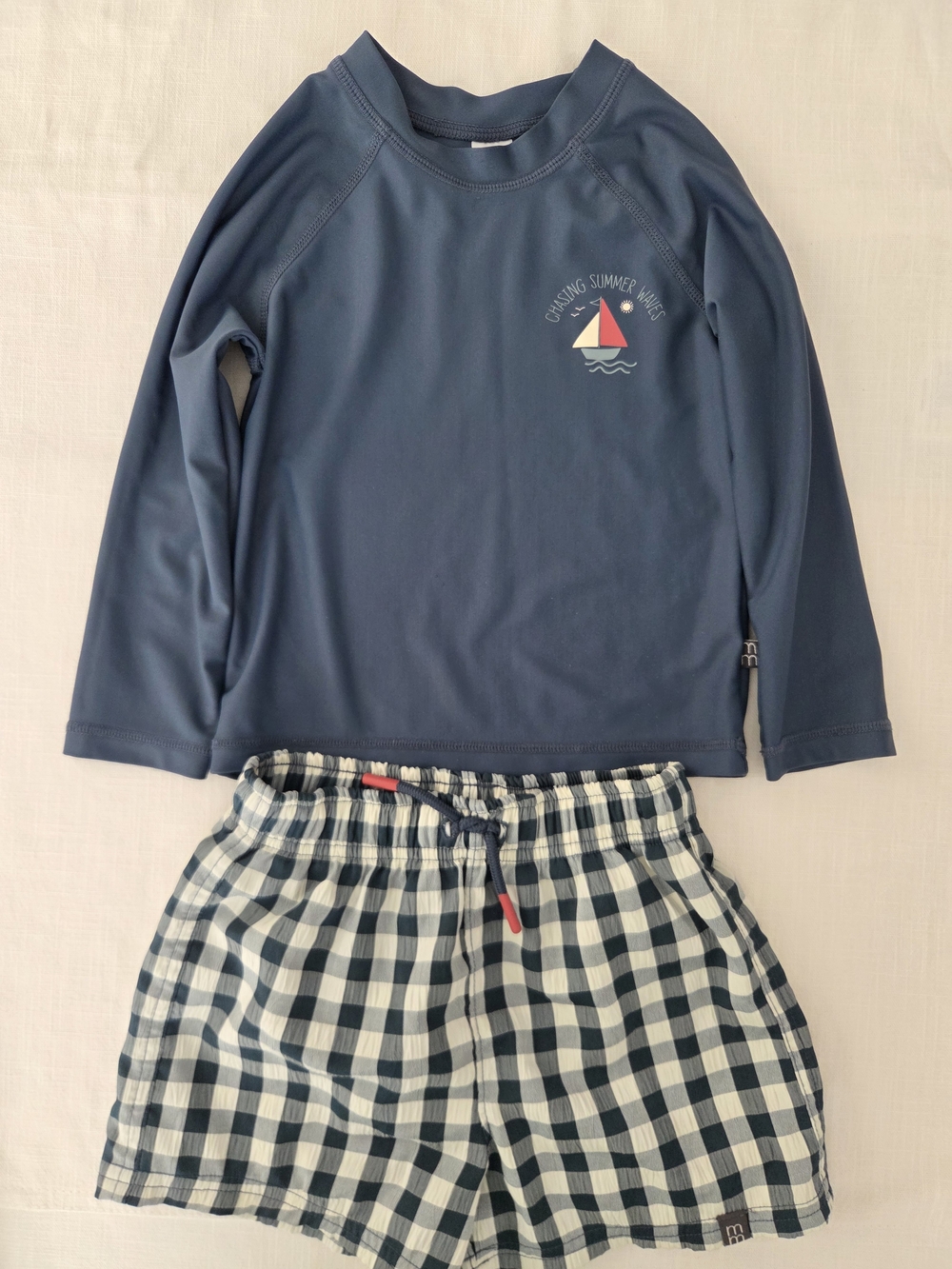 Navy Blue Long-Sleeve Kids Swimsuit with Checkered Shorts